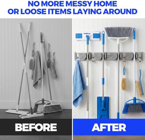 Holikme Mop Broom Holder Wall Mount Metal Pantry Organization and Storage Garden Kitchen Tool Organizer Wall Hanger for Home Goods (4 Positions with 4 Hooks, Silver) - Image 4