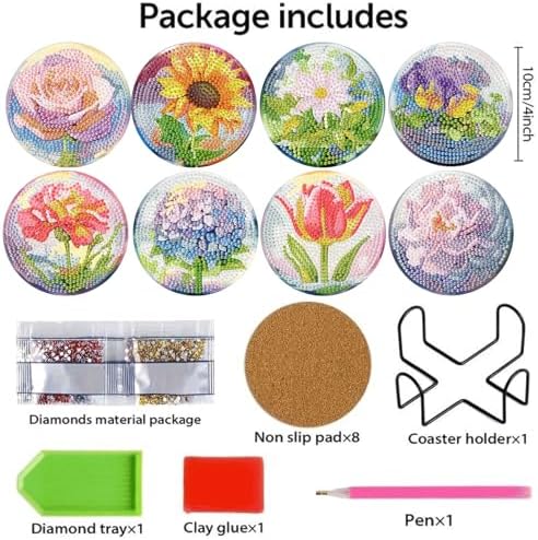 TCDZMYGS 8 Pcs Flower Diamond Art Painting Coasters Kits, Flowers Coaster with Holder for Adults, Non-Slip DIY Dot Paint Craft Kits, 5D Full Drill DIY Diamond Dot Gem Art Kit Home Decor Arts Craft - Image 3
