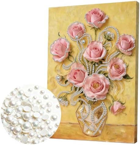 LQCrafK DIY Pearl Art Painting Handcraft Kit for Adults Beginners, Creative Design, Healing Stress-Relieving Home Wall Decoration, with Framed Painting and Tools-Pink Rose by LQCrafK