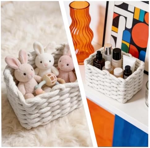 Woven Baskets 2 Pcs White, Small Storage Basket & Basket Organizer, Decorative Basket for Home, Countertop Cosmetics Toys Wardrobe Living Room Bedroom Desktop Storage and Decoration - Image 6