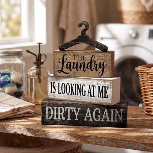 Moucuny 4 Pcs Farmhouse Laundry Room Decor and Accessories Stacked Blocks - Image 6