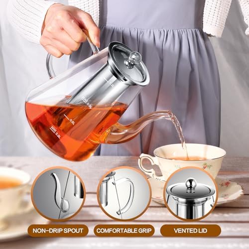 Glass Teapot, 1200ml (40oz) Tea Pot with Infuser for Loose Tea and Blooming Tea, Stovetop Safe Tea Kettle, Hand Crafted Borosilicate Glass Tea Maker with Scale Line, Tea Gift Set for Tea Lovers - Image 3