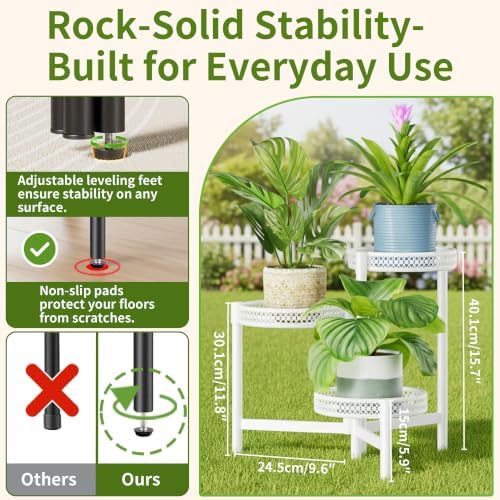 3 Tiered Tall Plant Stand Indoor Outdoor, Metral Plant Shelf for Corner Display Rack, Multi-Tier Folding Planter Pot Holder Flower Stand for Living Room Balcony Garden Patio - WhiteWave - Image 3