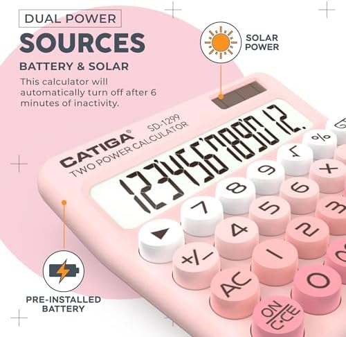CATIGA Mechanical Switch Calculator with Solar and Battery Dual Power, 12-Digit Large LCD Display, Aesthetic and Cute Desktop Calculator with Big Button, for Home, School and Office Use, SD-1299 - Image 4