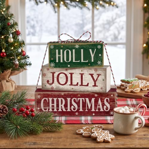 Moucuny 4 Pcs Christmas Table Decoration for Home Rustic Jolly Stacked Sign - Image 2