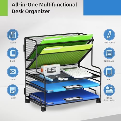 MINDEPOT 4-Tier Paper Organizer + 3-Pocket File Holder, Desktop File Organizers Paper Tray for Office School Classroom Workspace Organization (Black Desk Organizer, No Drawer & No Pen Holder) - Image 4