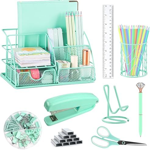 KAAKOW Green Desk Organizers and Accessories Office Supplies Set Stapler, Pen Holder, Phone Holder, Scissors, Pen, Ruler, 30 Paper Clips, 22 Binder Clip, 20 Tacks and 1000pcs Staples by KAAKOW