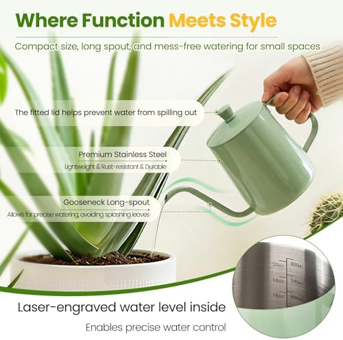 Watering Can for Indoor Plants, 20 oz Metal Small Plant Watering Can with Long Spout for House Plants, 13.5 oz Glass Plant Mister Spray Bottle for Bonsai Garden Flowers Decorative (Green) - Image 2