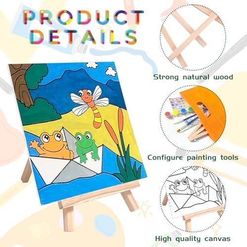 48PCS 12 Sets Printed Canvas Paint Art 12 Pcs Wooden Easel Set Paint Pots and Brushes and 12 Pre Drawn Canvas Panel 12 Pcs Mini Apron and Tote Bag for Kids(Cute) - Image 4