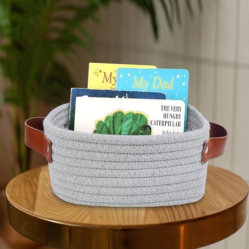 ABenkle Small Storage Basket, Mini Baskets, Cute Rope Woven Baskets for Organizing, Square Shelf Storage with Handle, Boho Decorative Toy Bin for Nursery, Spa, Empty Gift Basket - XS,Grey - Image 3