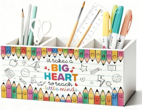 Teacher Pen Pencil Holder for Desk, Teacher Appreciation Gifts, It Takes a Big Heart to Help Shape Little Minds Wooden Box Sign Decorations for Office Classroom Desk Tabletop by Unknown