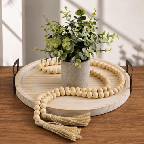 Novabright 12.6 Inch Large Round Decorative Tray with Bead Garland and Eucalyptus Potted Plants, Boho Whitewashed Farmhouse Coffee Table Centerpiece Vintage Wooden Tray for Living Room, Kitchen by Unknown