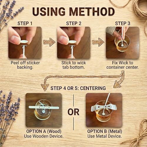 Candle Making Kit – 100 Pre-Waxed Wicks (6 Inch/15cm), 100 Wick Stickers, 5 Wooden & 1 Metal Cantering Device Holder – Low Smoke Cotton Core for Soy & Beeswax DIY Candle Crafting - Image 5
