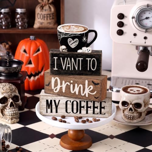 Moucuny 4 Pcs Halloween Coffee Wood Blocks Tiered Tray Decor Farmhouse - Image 4