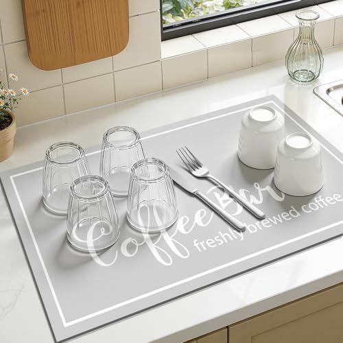 Findosom Dish Drying Mat, 12"x 20" Super Absorbent & Hide Stain Coffee Mat, Cuttable Drying Mat for Kitchen Counter, Coffee Bar Accessories, Under Dish Rack, Coffee Maker, Espresso Machine, LightGrey - Image 4