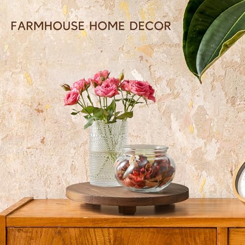 Small Round Decorative Tray Burnt Wood Bathroom Counter Organizer Pedestal Stand Farmhouse Kitchen Decor Wooden Riser for Soap Dish, Perfume, Candle, Sponge, 9" - Brown - Image 4