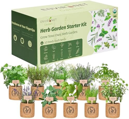 10 Indoor Herb Garden Kit- Burlap Pots, Organic Seeds, Herb Garden Planter Indoor Kit, Easy Window & Kitchen Herbs Growing Kit, Cilantro, Basil, Sage, Oregano, Parsley, Dill, Chives etc. by Environet