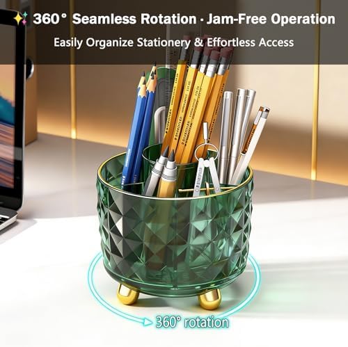 GOTOBA Dark Green Pen Pencil Holder for Desk, 360° Rotating Pen Organizer, Green Office Supplies, Cute Pen Holder, 6-Compartment Pencil Holder Rotating - Image 2