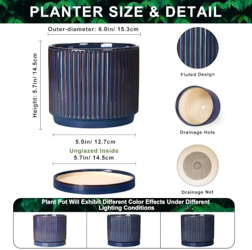 Ceramic Plant Pots, 6 Inch Indoor Pots for Plants, Retro Blue - Image 2