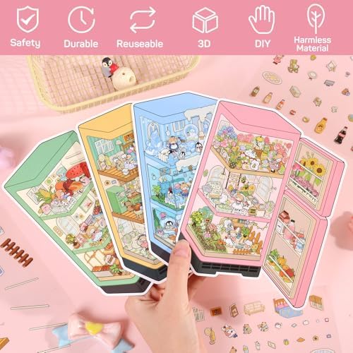 Girls 3D Miniature Scene Stickers,4 Sets Mini Refrigerator DIY House Stickers for Summer Stalls,Colorful World,Underwater World,Warm Home,3D Sticker Scenes for Adult Kids Relief Stress Pass The Time - Image 2