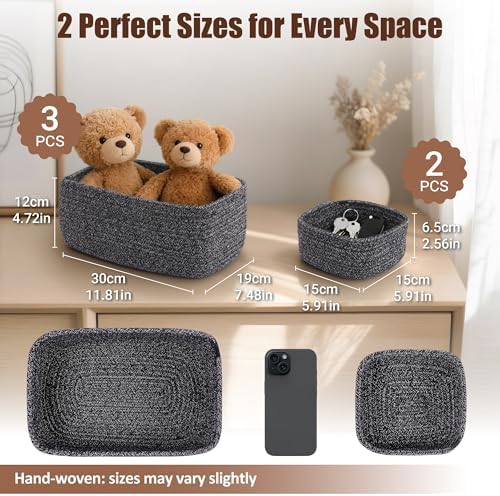 5-Pack Small Woven Rope Storage Baskets, 2 Sizes Organizer Bins - Image 2