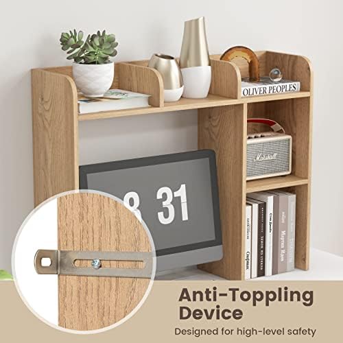 GIANTEX Desktop Bookshelf, Wood Desk Hutch Organizer for 27 Inch Computer Monitor, Countertop Storage Display Rack with 5 Shelves, Multipurpose Desktop Shelf Bookcase for Dorm Office Home, Natural - Image 5