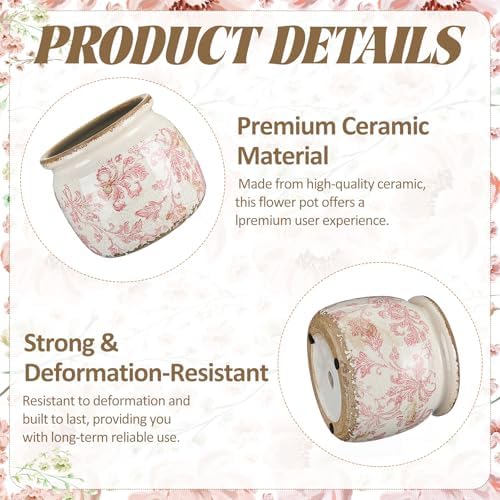 5.9'' Vintage Ceramic Planter, Ice Crack Glaze Pink Floral Pot - Image 3