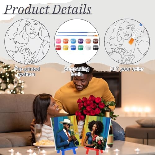 Blosssound 10 Set Pre Printed Canvas Pre Drawn Canvas Painting with Easel Kits 5" x 7" Outline Painting Panels for Beginners, DIY Craft Project, Party Favor, Home Decors(Black Couple) - Image 3