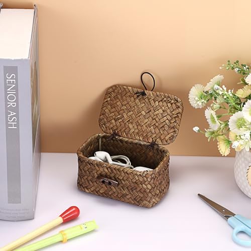 Hipiwe Mini Seagrass Basket Box with Lid Wicker Storage Bins, 4.3x 2.5x2.1" - Image 6