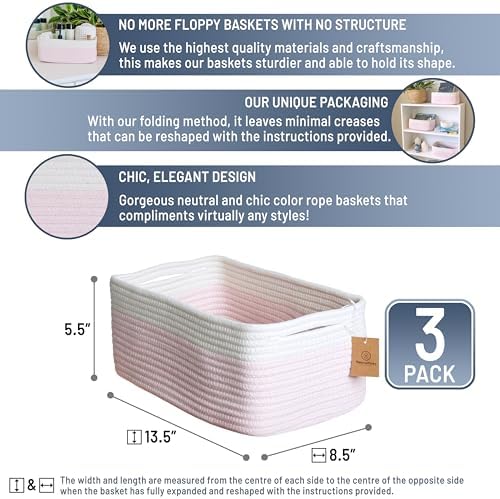 NaturalCozy 13.5”x8.5”x5.5” Rectangle Storage Baskets for Shelves 3 Pack | Cotton Rope Woven Small Baskets for Organizing | Small Storage Bins for Nursery, Bathroom, Closet, Shelf, Decorative - Image 2