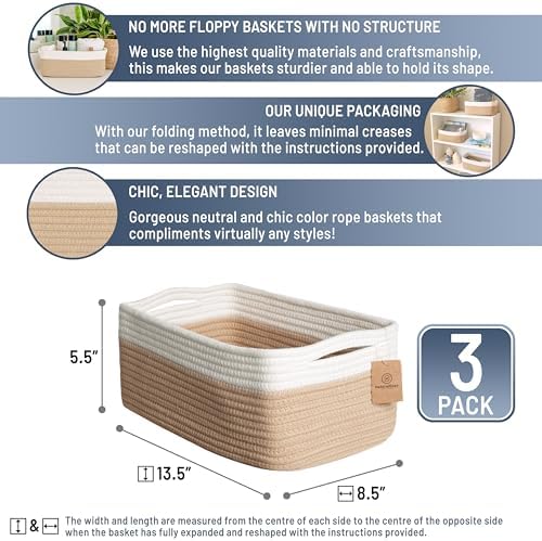 NaturalCozy 13.5”x8.5”x5.5” Storage Baskets for Shelves 3 Pack | Cotton Rope Woven Small Baskets for Organizing | Small Storage Bins for Nursery, Bathroom, Closet, Cube Shelf, Decorative, Gift - Image 2