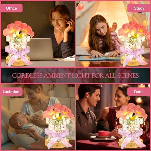 Flower Table Lamps, Rechargeable Cordless Crystal Night Light, 3 Colors Touch Dimming Artificial Flower Light, LED Flowers Bedside Lamp Romantic Gifts for Girl Women Mom (MF Morning Glory-Pink) - Image 6