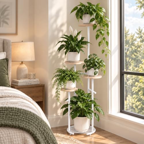 TOSKING 5-Tier Round Wood Corner Plant Stand Indoor, Anti-Tip, Oak & White - Image 2