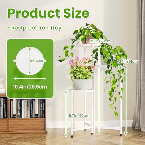 Plant Stand Indoor Outdoor, 3 Tier Metal Corner Shelf White 9 in Wide - Image 2