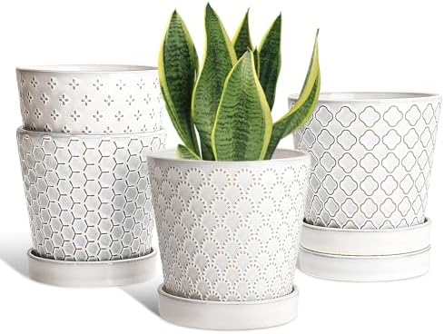 EFISPSS Ceramic Plant Pots Indoor, 5 Inch Planters with Drainage Holes and Ceramic Tray, Relief Design Flower Planter, Desktop Office Windowsill Decoration Gift Set of 4, White by EFISPSS