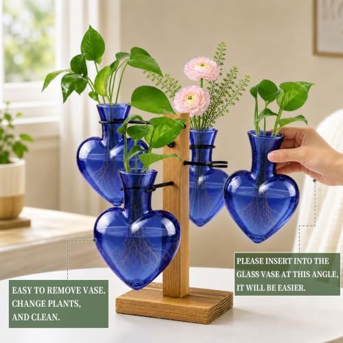 Plant Terrarium Propagation Station with 4 Heart Glass Vases - Deep Blue - Image 4
