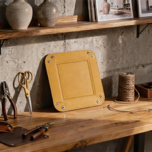 Valet Tray Desktop Storage Organizer – Vegan Leather Catchall Tray Bedside Vanity Tray Nightstand Caddy Holder for Remote Controller, Watch, Keys, Phone, Wallet, Coin, Jewelry, Yellow - Image 2