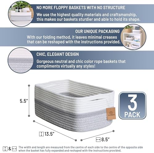 NaturalCozy 13.5”x8.5”x5.5” Storage Baskets for Shelves 3 Pack | Cotton Rope Woven Small Baskets for Organizing | Small Storage Bins for Nursery, Bathroom, Closet, Cube Shelf, Decorative, Gift - Image 2