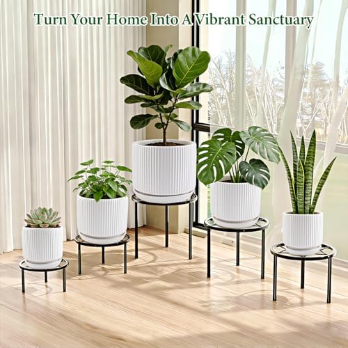 Ceramic-Flower-Pots-Sets-with-Saucer, 5/6/8 inch Small Planters for Indoor Plants with Drainage Hole, White Vertical Stripe Plant Pots for Home Decor, Outdoor Garden Pot For Succulent Cactus Herb - Image 6