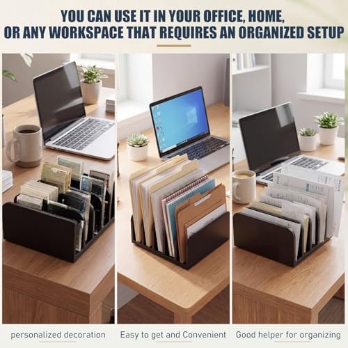 Lineshading Bamboo Letter Organizer, 5 Compartments Desk Mail Organizer, Desktop Envelope Holder and Letter Sorter, Countertop Paper File Holders with Anti Slip Mat for Home Office(Black) - Image 5