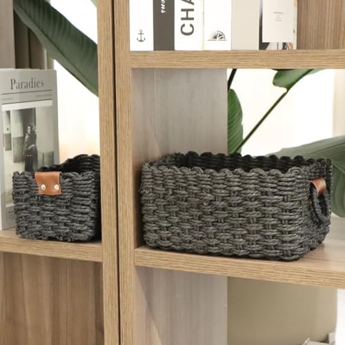 QINGTUHONE Woven Paper Rope Wicker Basket for Organizing(Set of 3,Black) - Image 5