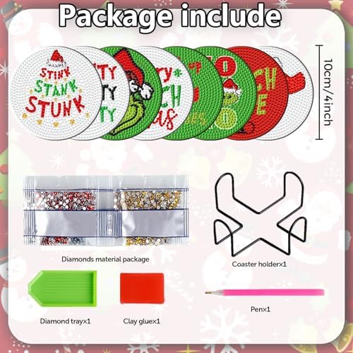 8 Pcs Christmas Diamond Art Painting Coasters Christmas Letter Coasters Funny DIY Diamond Coasters Kits with Holder Diamond Craft Painting Kits Supplies for Winter Gift - Image 2