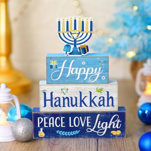 Moucuny 4 Pcs Hanukkah Table Decorations for Home, Wood Menorah Peace Sign - Image 5