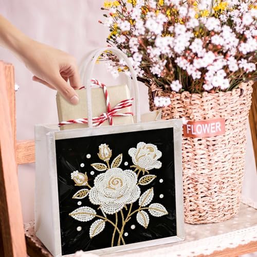 Xylzzuit DIY Pearl Painting Canvas Tote Bag Kit 11.42IN Diamond Art Handbag for Women Shopping Grocery Bag Dots Beads Art Craft Gift (Flower03) - Image 2