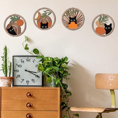 HPNIUB Boho Black Cat Wall Decor, Farmhouse Geometric Hanging Wooden Wall Art, 4 Pieces 10''x10'' Mid Century Bohemian Abstract Moon and Sun Wood Sign for Nursery Bedroom Decoration, Lovely Cat Gifts - Image 4