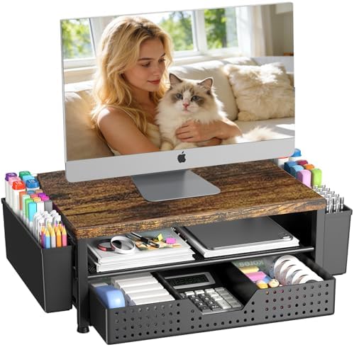 OPNICE Desk Organizers and Accessories, Computer Monitor Stand Riser with Drawer and 2 Pen Holders, Printer & Laptop Stand, Office Desk Accessories & Workspace Organizers for Home Office Supplies, Brown by OPNICE