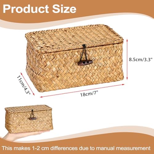 Hipiwe Small Seagrass Wicker Box with Lid Decorative Shelf Basket Bin - Image 3