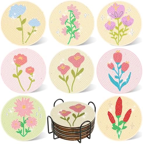 DOTSOPS 8 Pcs Flowers Diamond Art Coasters for Adults with Holder 4 in by DOTSOPS