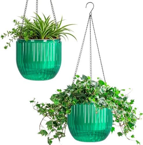 Melphoe 2 Pack Self Watering Hanging Planters Indoor Flower Pots, 8.3 Inch Outdoor Hanging Basket, Plant Hanger with 3Hooks Drainage Holes for Garden Home (Emerald) by Melphoe
