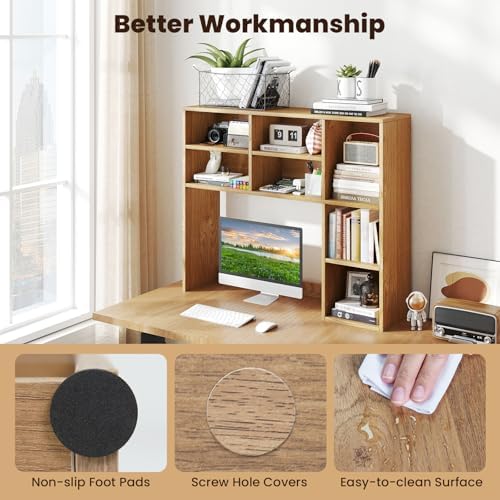 Giantex Desktop Bookshelf, Desk Hutch Dorm w/ 7 Cubes & 3 Adjustable Shelves, Desk Shelf for Up to 27" Computer Monitors, Wooden Desktop Storage Organizer for Dorm College Office Homem, Natural - Image 6